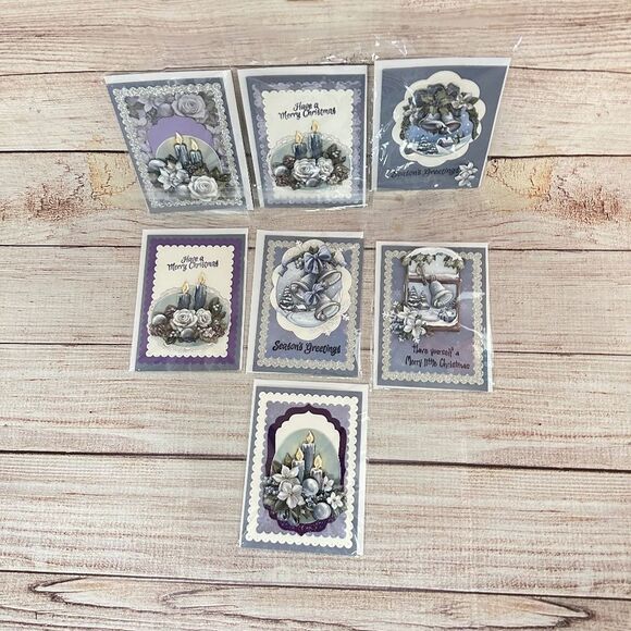 Handmade Christmas Card Lot of 7 - "SILENT NIGHT". Bells, Candles, Floral, Purpl - Picture 1 of 1